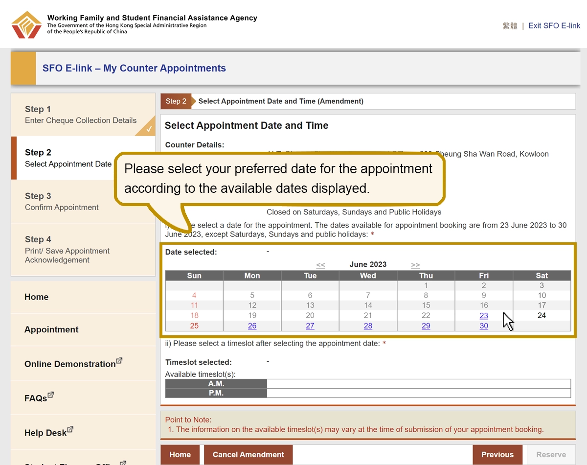 Please select your preferred date for the appointment according to the available dates displayed.