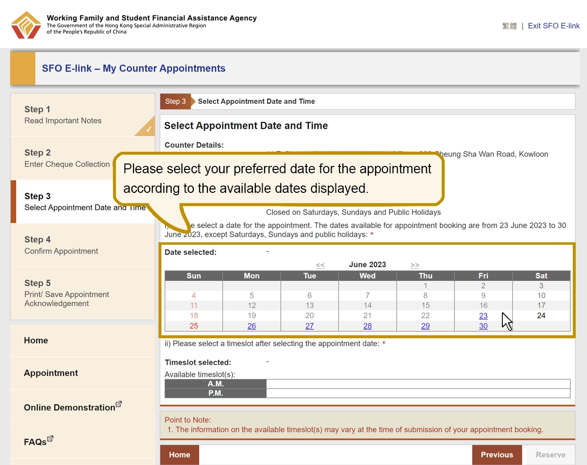 Please select your preferred date for the appointment according to the available dates displayed.