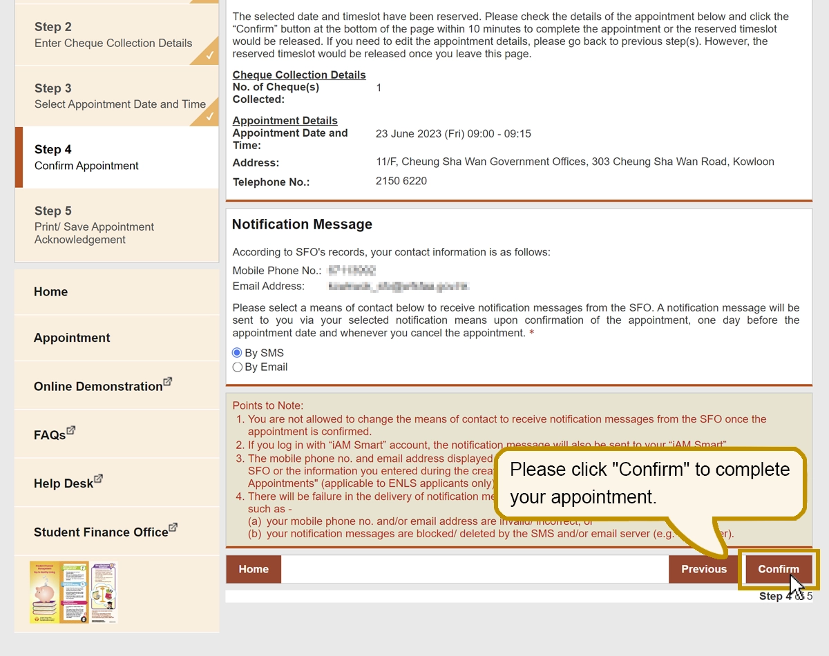 Please click “Confirm” to complete your appointment.